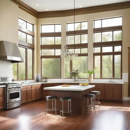 A detailed and modern kitchen room with stainless steel appliances, a large island with bar stools, and ample natural light coming through large windows