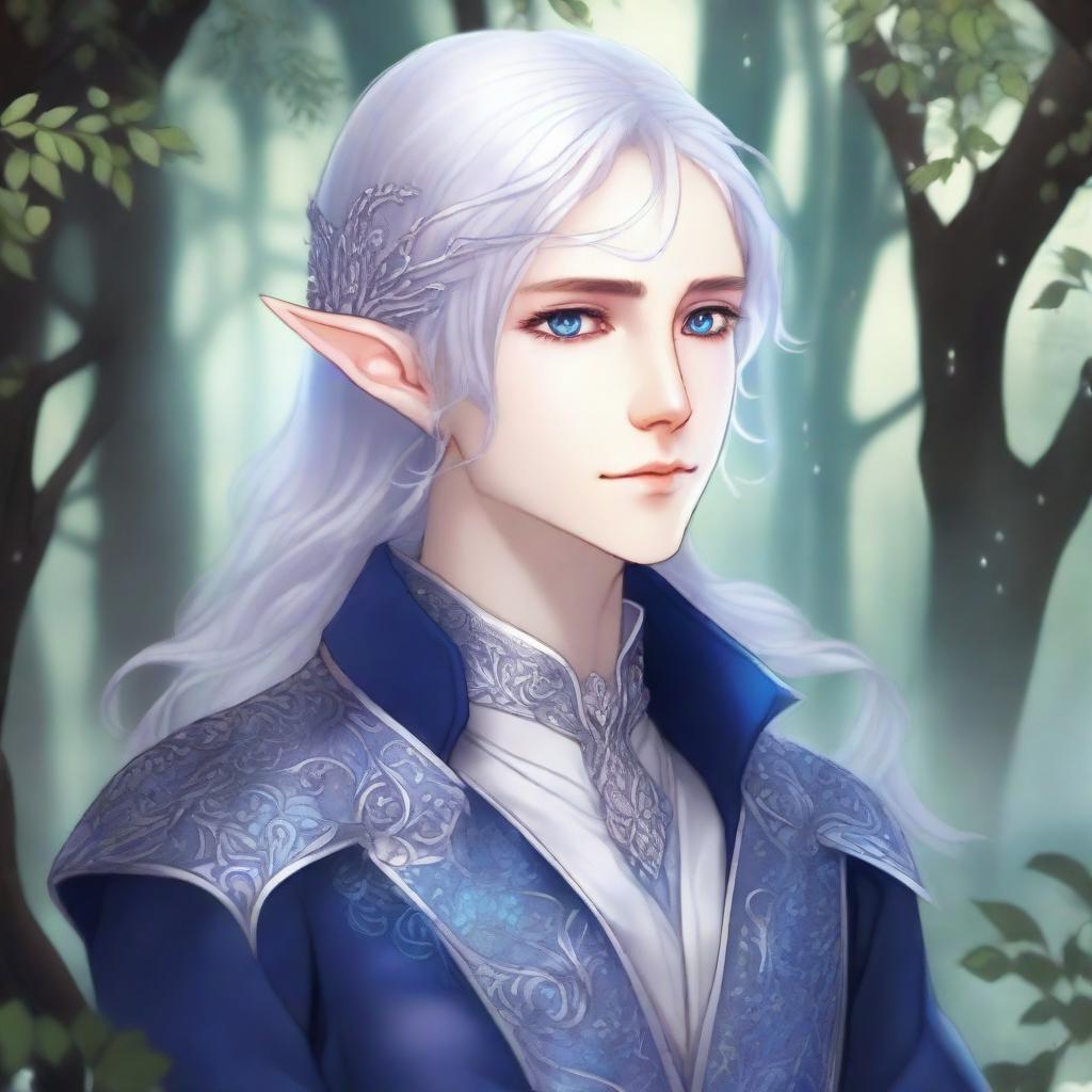 A detailed anime-style illustration of an elegant elf with silver hair and blue eyes