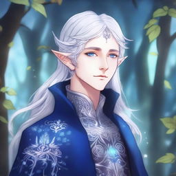 A detailed anime-style illustration of an elegant elf with silver hair and blue eyes