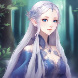 A detailed anime-style illustration of an elegant and beautiful elf waifu with silver hair and blue eyes