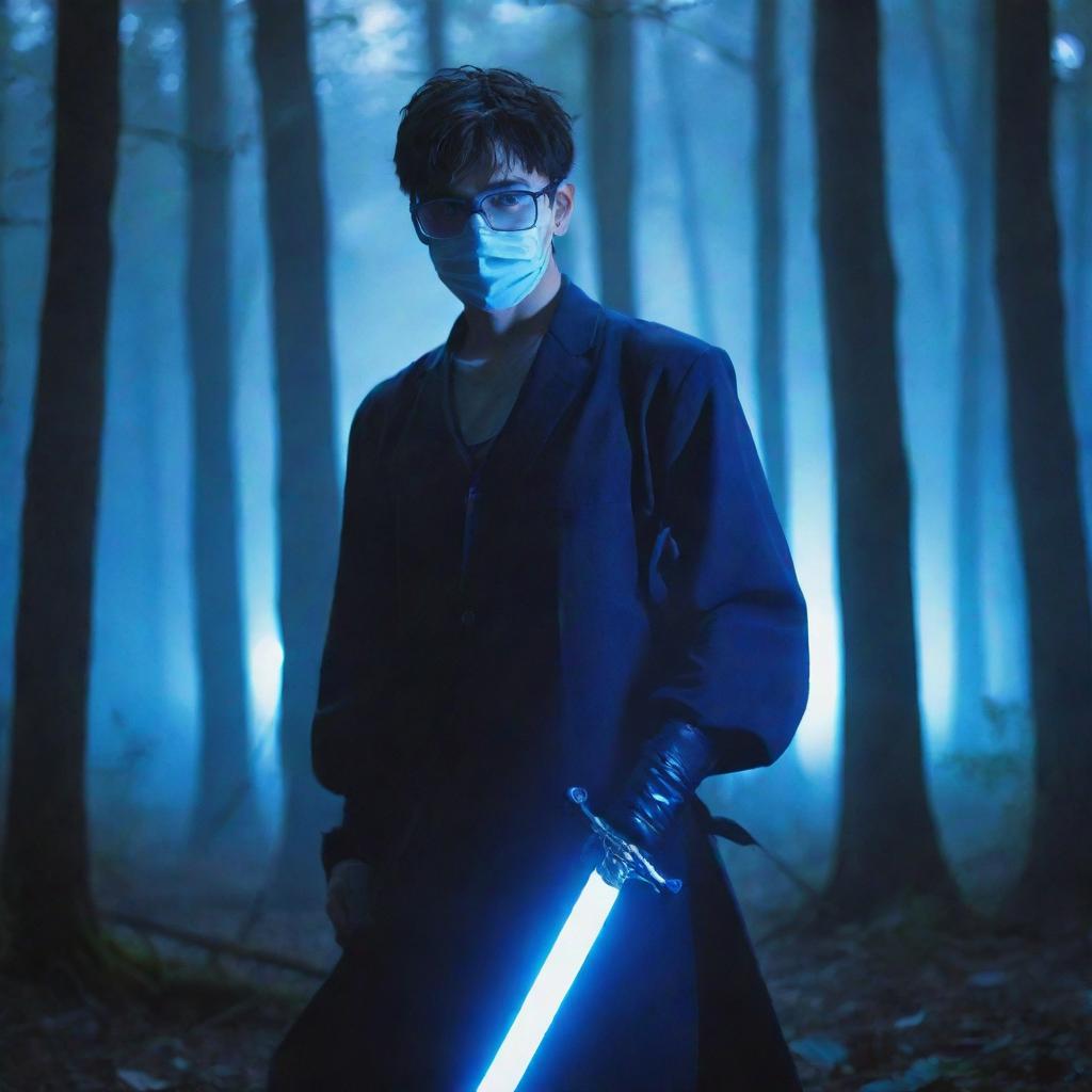 Anime-styled image of a man with blue glasses and a mask, holding a sword, posed in a dense forest illuminated by a ethereal bluish light