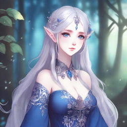 A detailed anime-style illustration of an elegant and beautiful elf waifu with silver hair and blue eyes