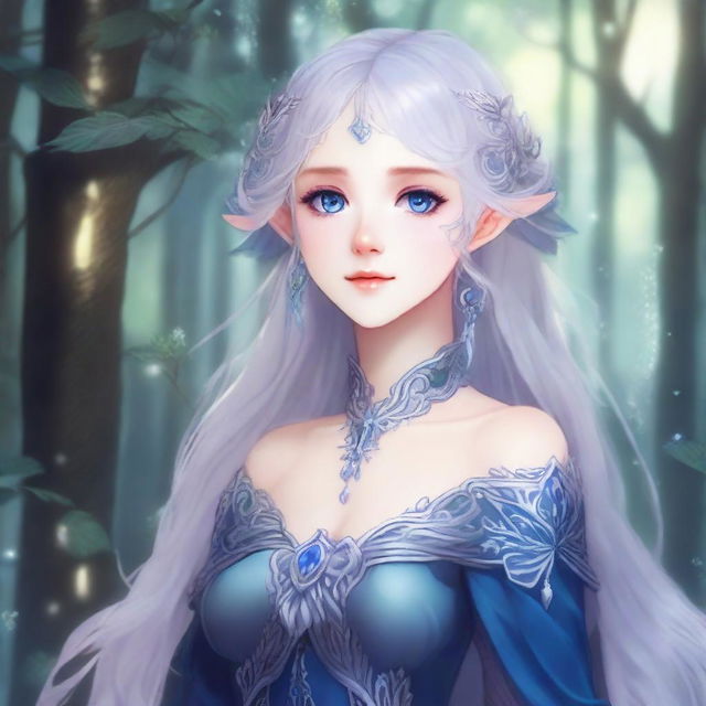 A detailed anime-style illustration of an elegant and beautiful elf waifu with silver hair and blue eyes