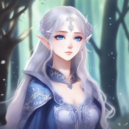 A detailed anime-style illustration of an elegant and beautiful elf waifu with silver hair and blue eyes