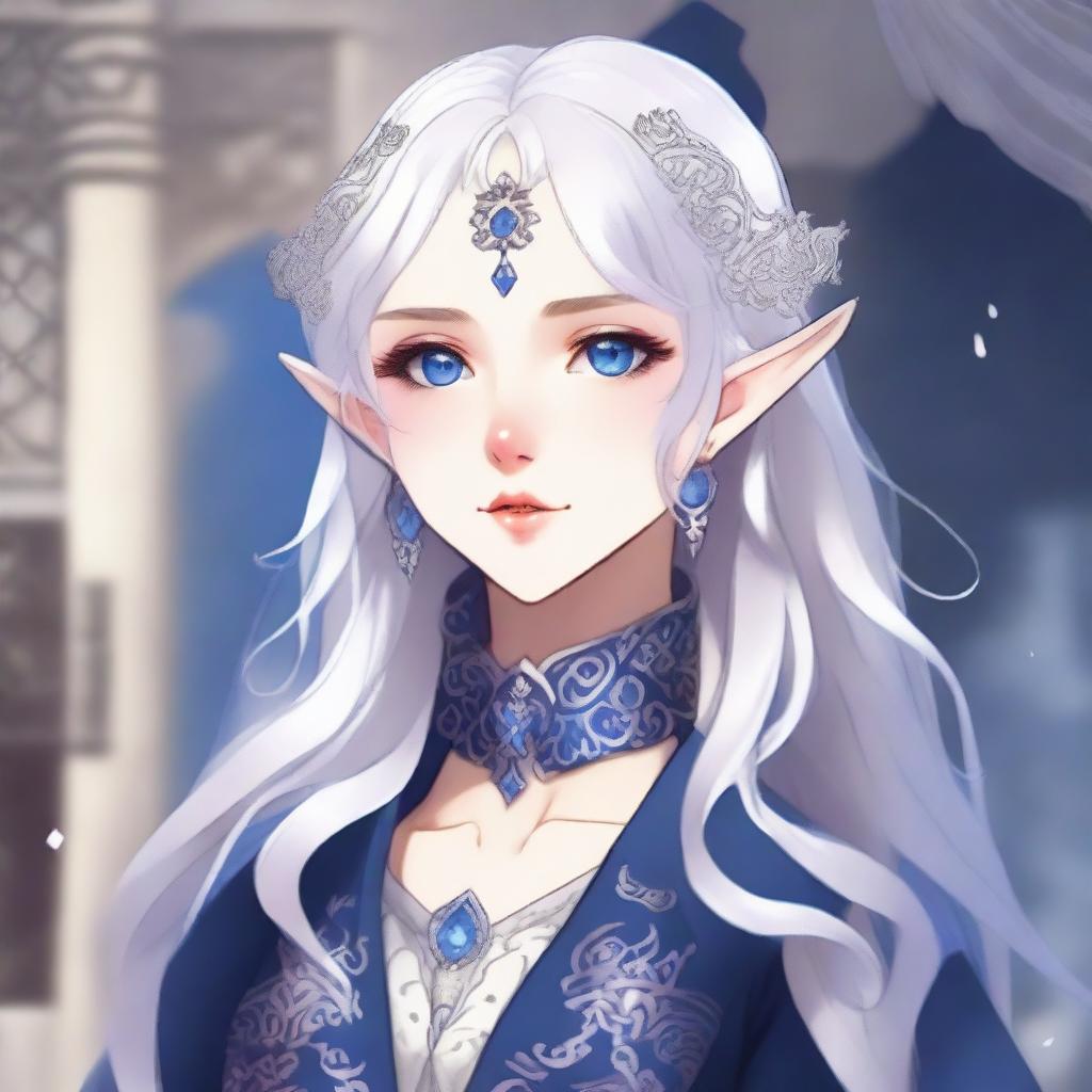 A detailed anime-style illustration of an elegant and beautiful elf waifu with silver hair and blue eyes