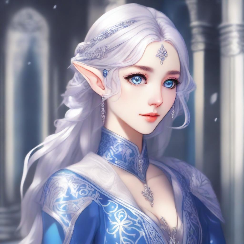 A detailed anime-style illustration of an elegant and beautiful elf waifu with silver hair and blue eyes