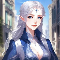 A detailed anime-style illustration of an elegant and beautiful elf waifu with silver hair and blue eyes