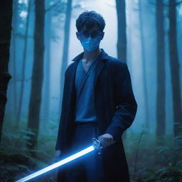 Anime-styled image of a man with blue glasses and a mask, holding a sword, posed in a dense forest illuminated by a ethereal bluish light