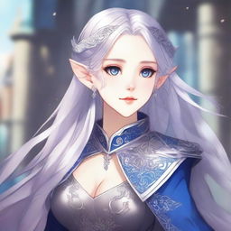 A detailed anime-style illustration of an elegant and beautiful elf waifu with silver hair and blue eyes