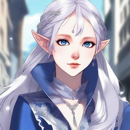 A detailed anime-style illustration of an elegant and beautiful elf waifu with silver hair and blue eyes