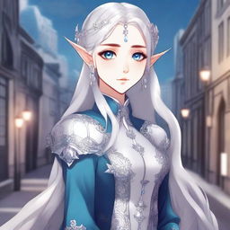 A detailed anime-style illustration of an elegant and beautiful elf waifu with silver hair and blue eyes