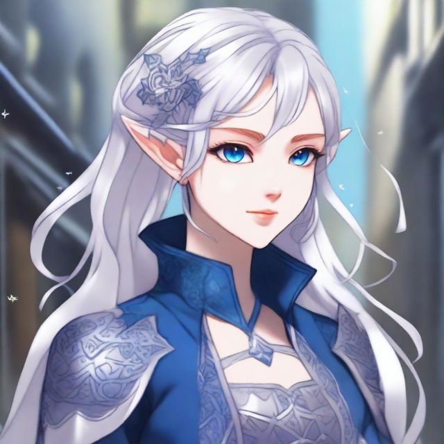 A detailed anime-style illustration of an elegant and beautiful elf waifu with silver hair and blue eyes