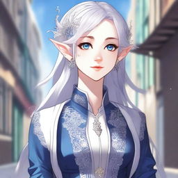 A detailed anime-style illustration of an elegant and beautiful elf waifu with silver hair and blue eyes