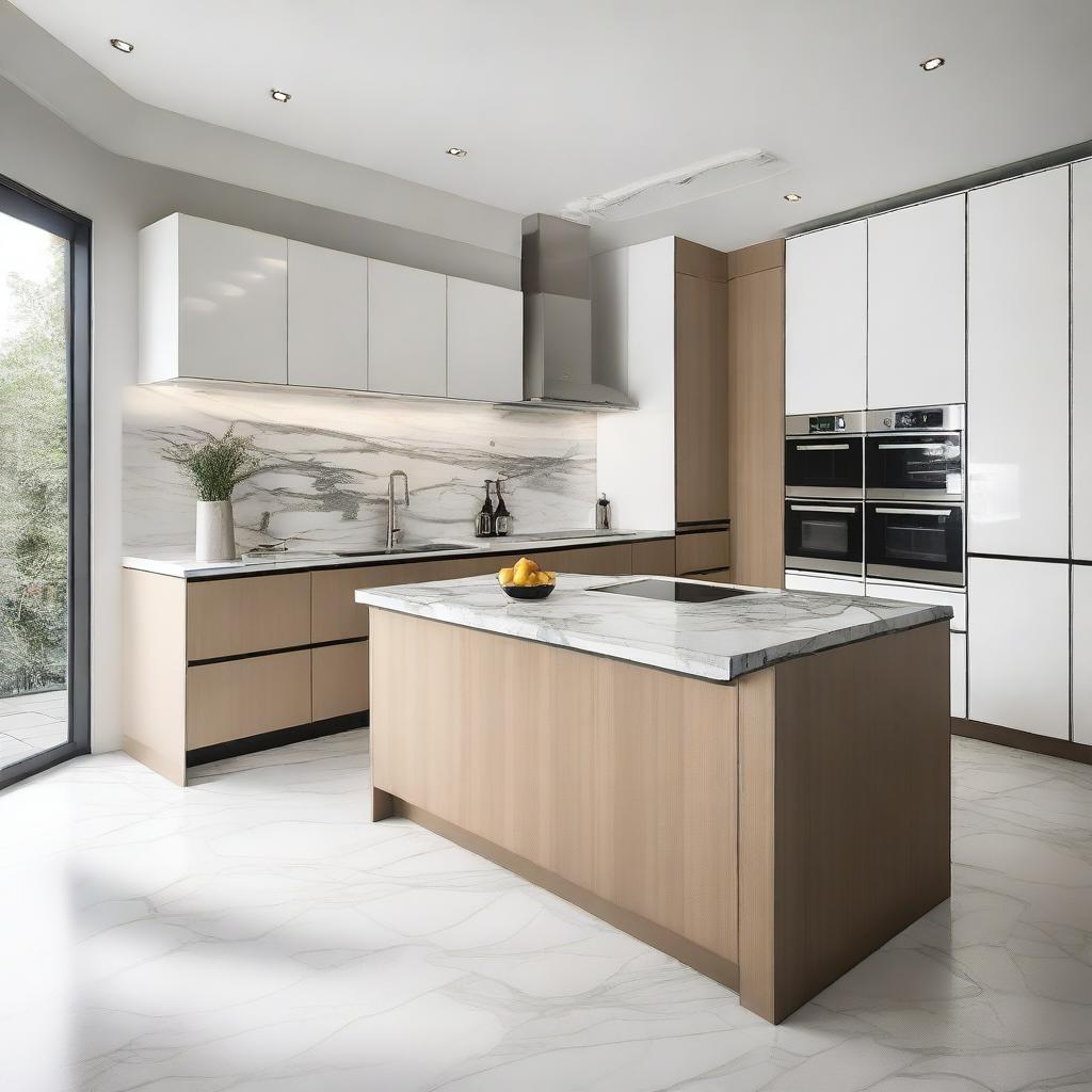 A modern kitchen room with dimensions of 300 cm by 300 cm