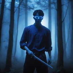 Anime-styled image of a man with blue glasses and a mask, holding a sword, posed in a dense forest illuminated by a ethereal bluish light