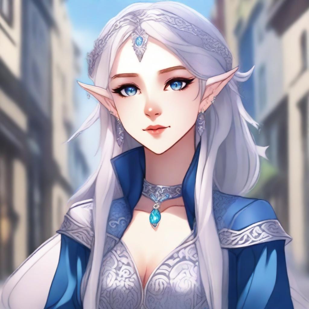 A detailed anime-style illustration of a beautiful elf waifu with silver hair and blue eyes