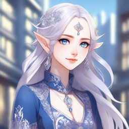 A detailed anime-style illustration of a beautiful elf waifu with silver hair and blue eyes