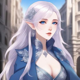 A detailed anime-style illustration of a beautiful elf waifu with silver hair and blue eyes