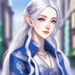 A detailed anime-style illustration of a beautiful elf waifu with silver hair and blue eyes