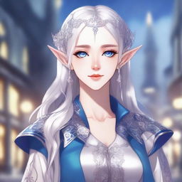 A detailed anime-style illustration of a beautiful elf waifu with silver hair and blue eyes