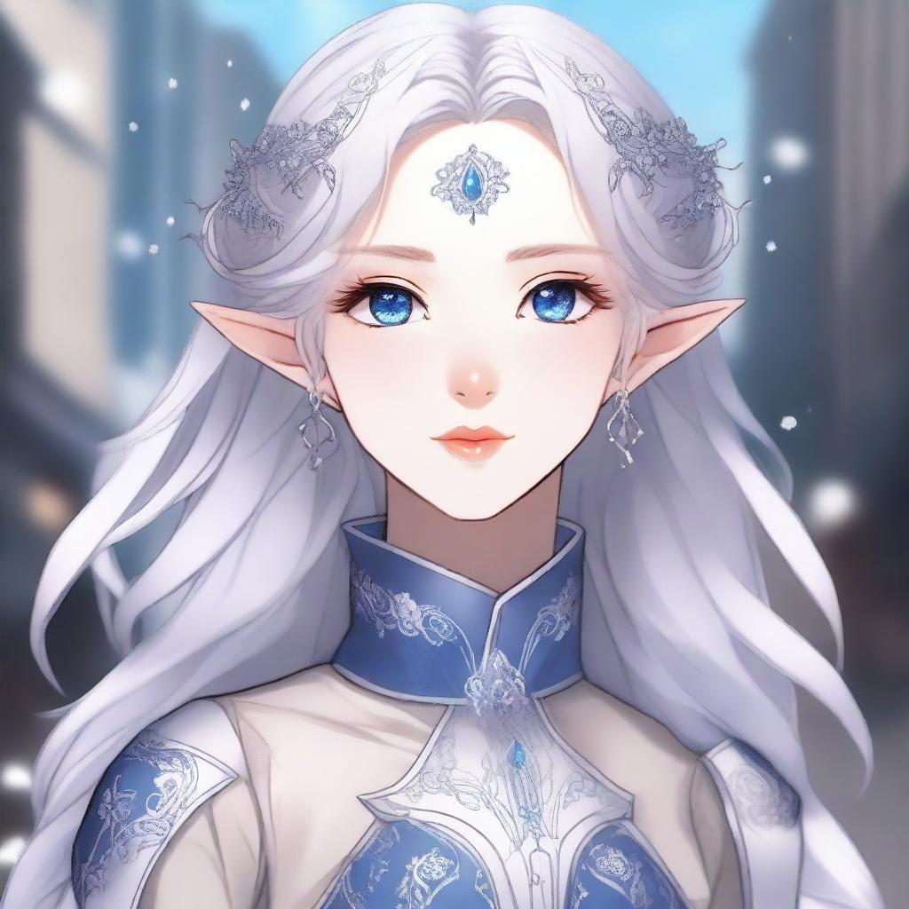 A detailed anime-style illustration of a beautiful elf waifu with silver hair and blue eyes