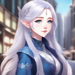 A detailed anime-style illustration of a beautiful elf waifu with silver hair and blue eyes