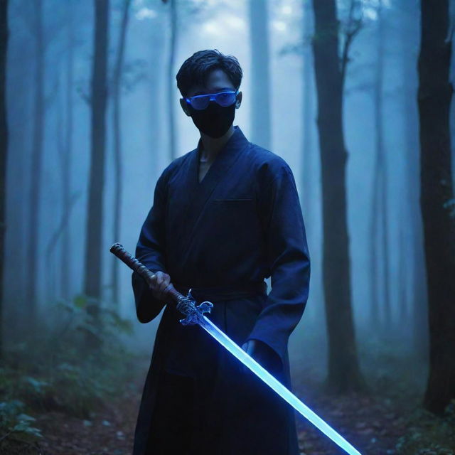 Anime-styled image of a man with blue glasses and a mask, holding a sword, posed in a dense forest illuminated by a ethereal bluish light