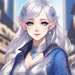 A detailed anime-style illustration of a beautiful elf waifu with silver hair and blue eyes