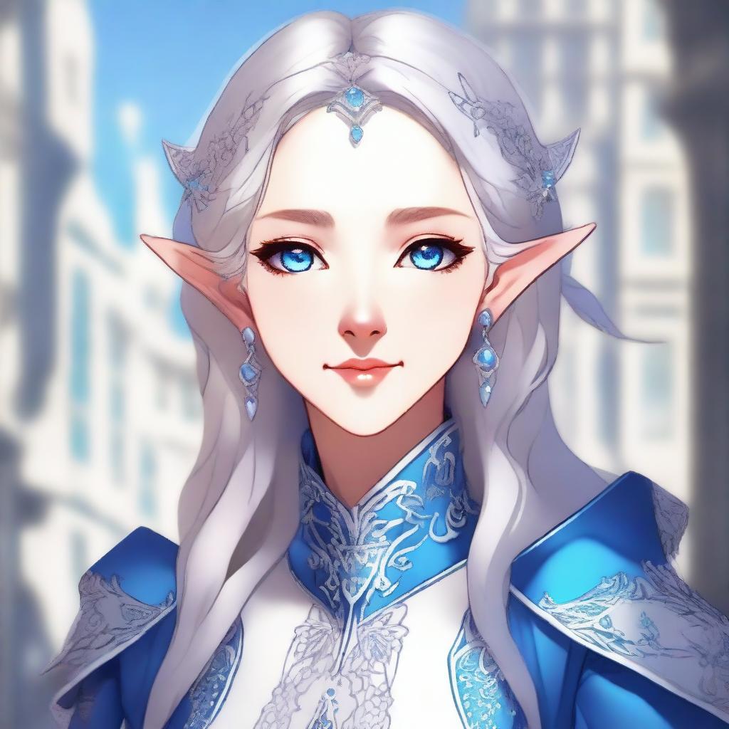 A detailed anime-style illustration of a beautiful elf waifu with silver hair and blue eyes, wearing a detailed coat with intricate designs