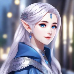 A detailed anime-style illustration of a beautiful elf waifu with silver hair and blue eyes, wearing a detailed coat with intricate designs