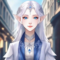 A detailed anime-style illustration of a beautiful elf waifu with silver hair and blue eyes, wearing a detailed coat with intricate designs