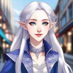 A detailed anime-style illustration of a beautiful elf waifu with silver hair and blue eyes, wearing a detailed coat with intricate designs