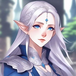 A detailed anime-style illustration of a beautiful elf waifu with silver hair and blue eyes, appearing to be around 30 years old