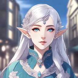 A detailed anime-style illustration of a beautiful elf waifu with silver hair and blue eyes, appearing to be around 30 years old