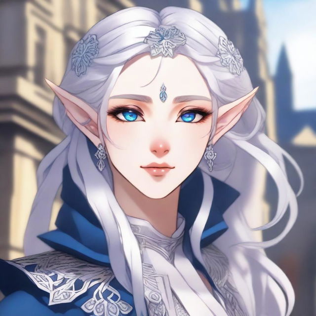 A detailed anime-style illustration of a beautiful elf waifu with silver hair and blue eyes, appearing to be around 30 years old