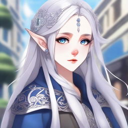 A detailed anime-style illustration of a beautiful elf waifu with silver hair and blue eyes, appearing to be around 30 years old