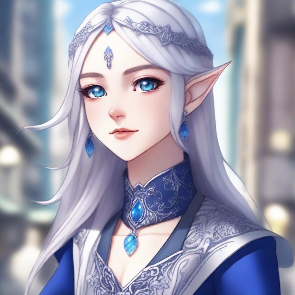 A detailed anime-style illustration of a beautiful elf waifu with silver hair and blue eyes, appearing to be around 20 years old