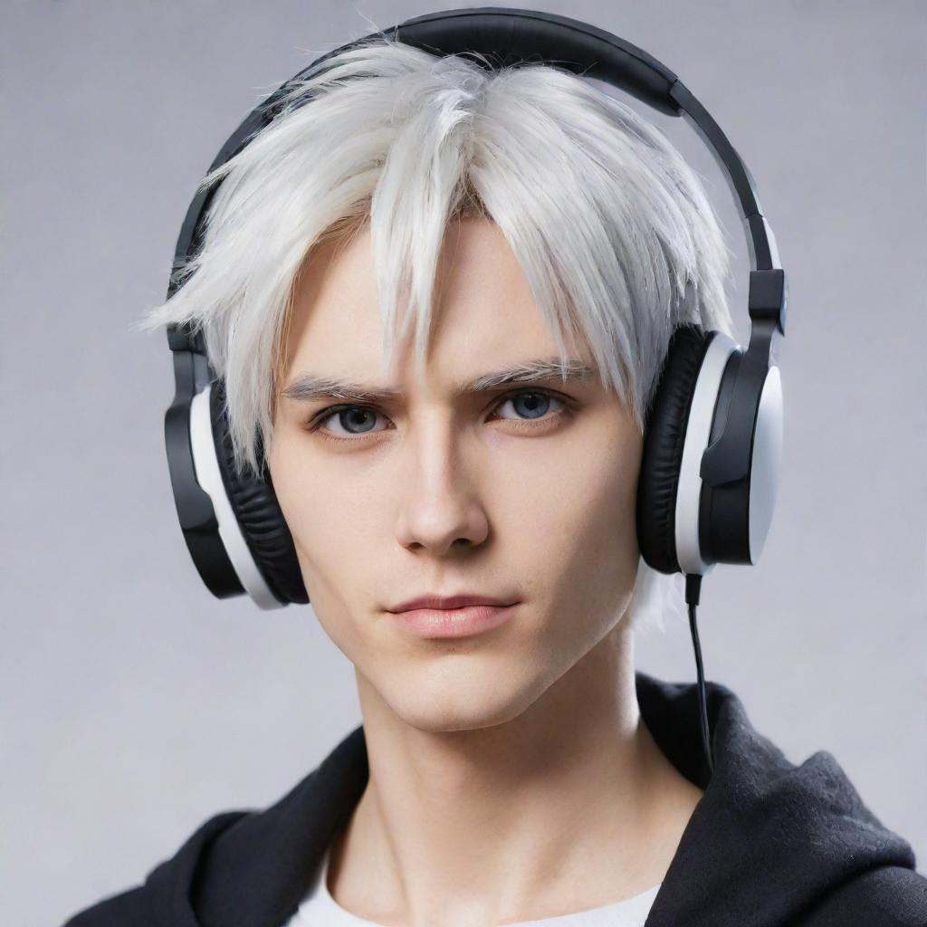 A stylized, non-realistic anime-inspired male character with white hair, captivating Gojo-like eyes, wearing trendy gaming headphones, and possessing a well-defined jawline.