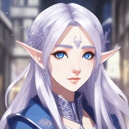 A detailed anime-style illustration of a beautiful elf waifu with silver hair and blue eyes, appearing to be around 20 years old