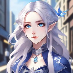 A detailed anime-style illustration of a beautiful elf waifu with silver hair and blue eyes, appearing to be around 20 years old