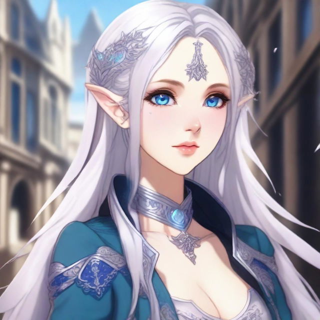 A detailed anime-style illustration of a beautiful elf waifu with silver hair and blue eyes, appearing to be around 20 years old