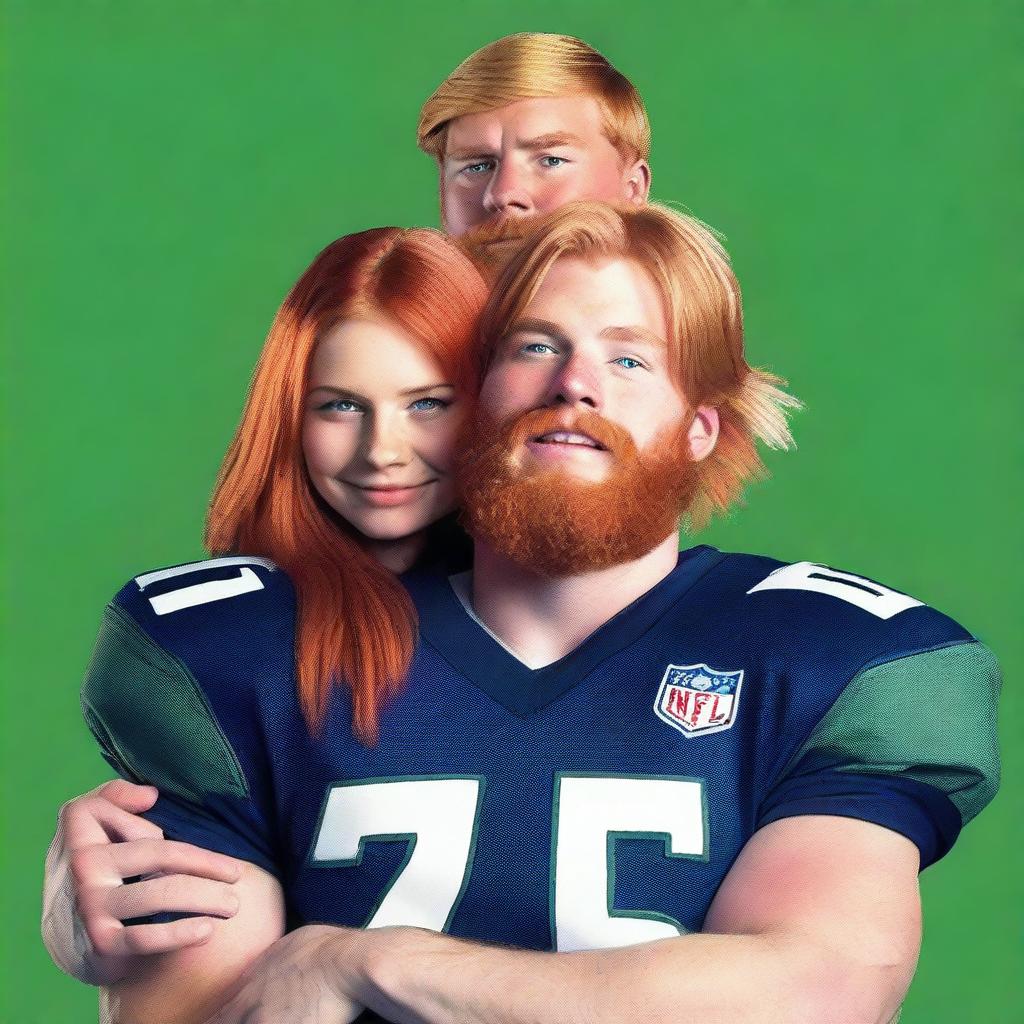 A strong 26-year-old man, full body, wearing a dark blue American football uniform with white pants, with a beard and red hair, 1