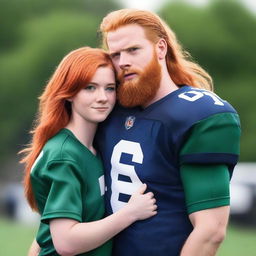 A strong 26-year-old man, full body, wearing a dark blue American football uniform with white pants, with a beard and red hair, 1