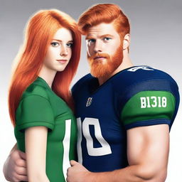 A strong 26-year-old man, full body, wearing a dark blue American football uniform with white pants, with a beard and red hair, 1