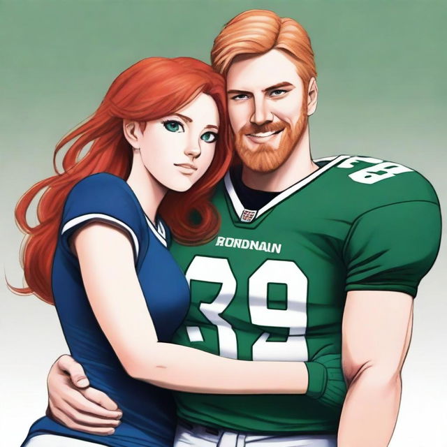 A strong 26-year-old man, full body, wearing a dark blue American football uniform with white pants, with a beard and red hair, 1