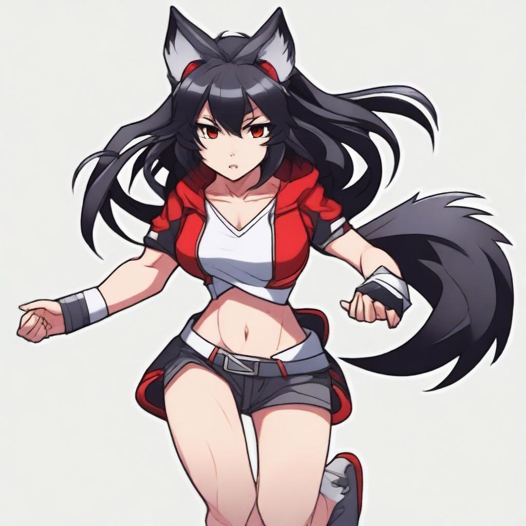 An athletic waifu with medium-length black hair, wolf ears, and striking red eyes