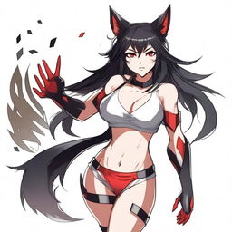 An athletic waifu with medium-length black hair, wolf ears, and striking red eyes