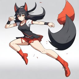 An athletic waifu with medium-length black hair, wolf ears, and striking red eyes