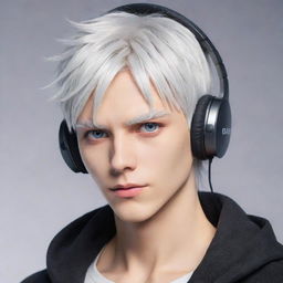 A stylized, non-realistic anime-inspired male character with white hair, captivating Gojo-like eyes, wearing trendy gaming headphones, and possessing a well-defined jawline.