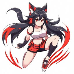 An athletic waifu with medium-length black hair, wolf ears, and striking red eyes